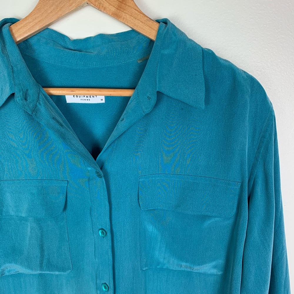 Equipment Turquoise 100% Silk Button Front Blouse - Picture 3 of 8